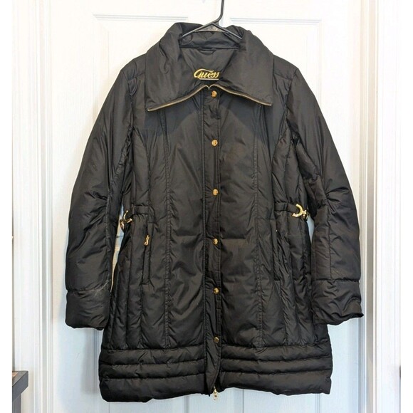 Guess Black Longline Down Feather Puffer Coat Y2K Gold Hardware Urban Streetwear - Picture 2 of 8